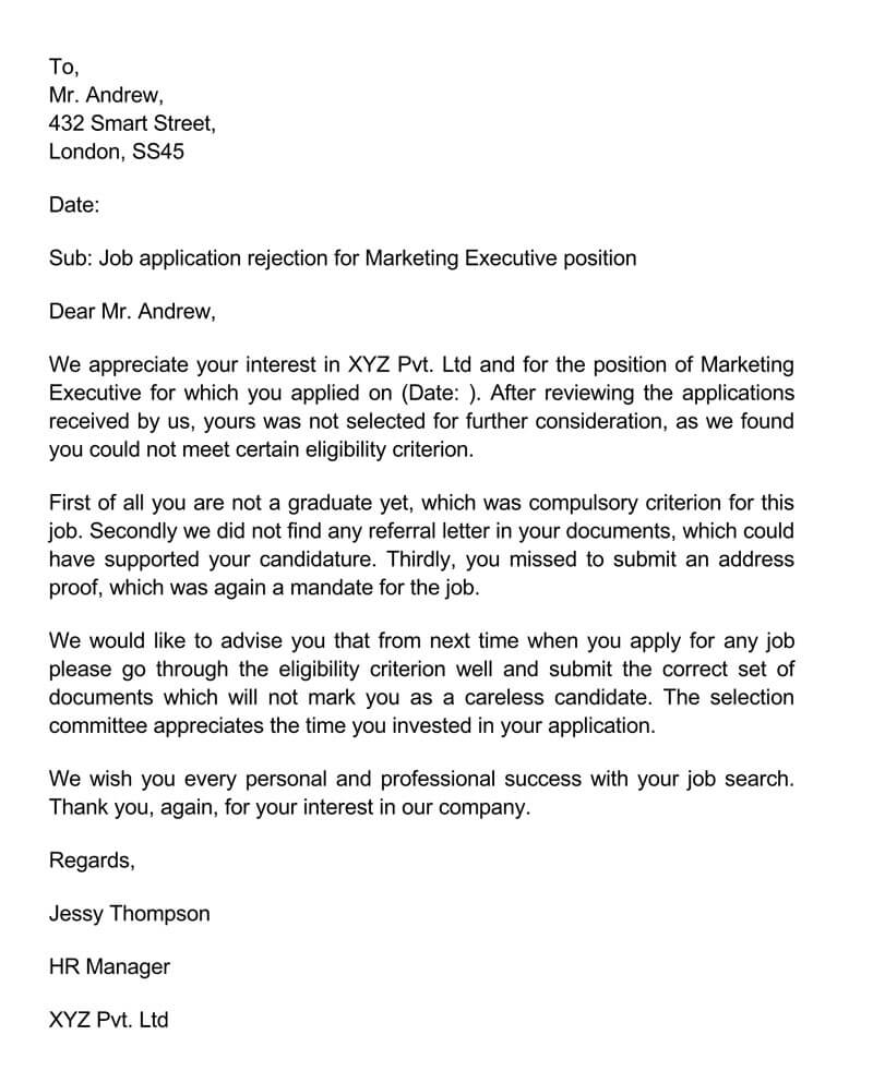 not successful job application letter