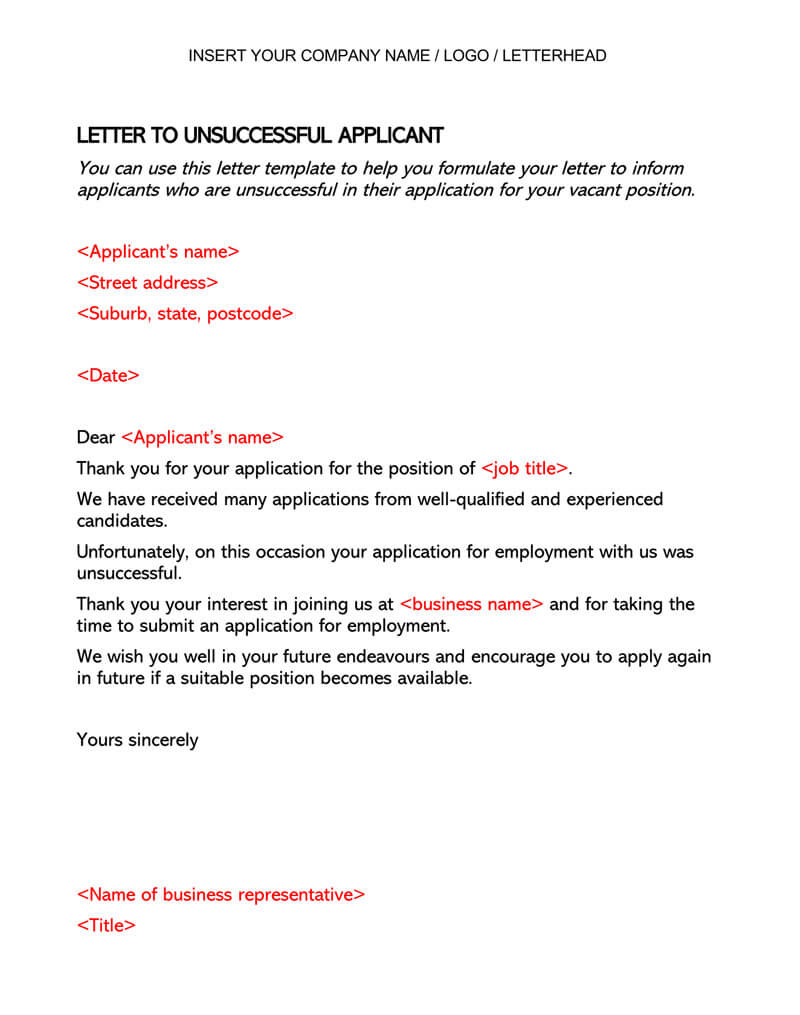 LETTER TO UNSUCCESSFUL APPLICANT 