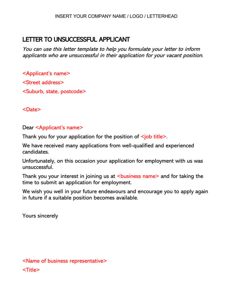 fair work unsuccessful application letter