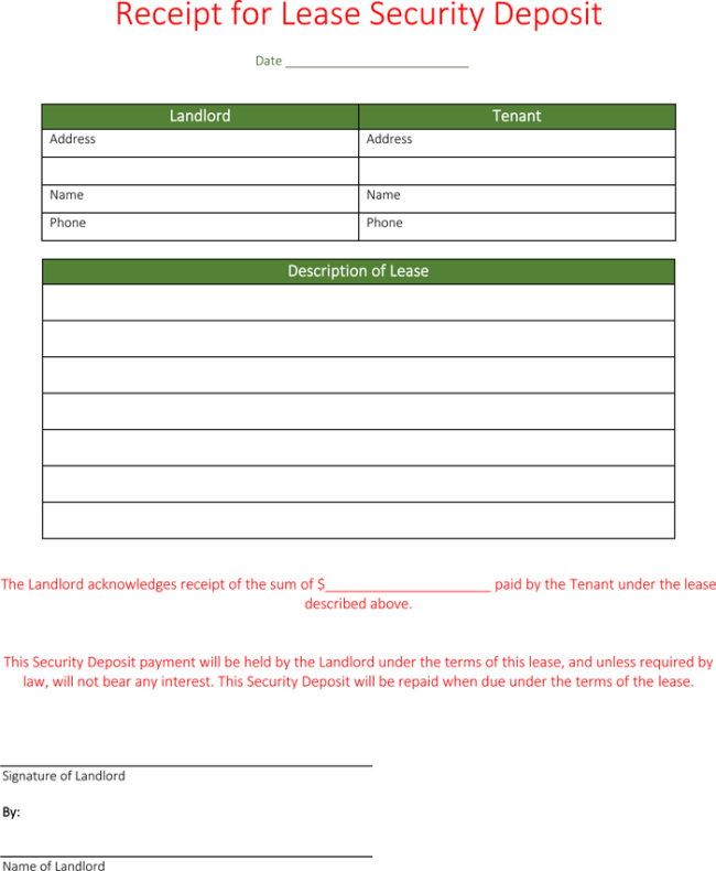 Lease Security Deposit Receipt Template