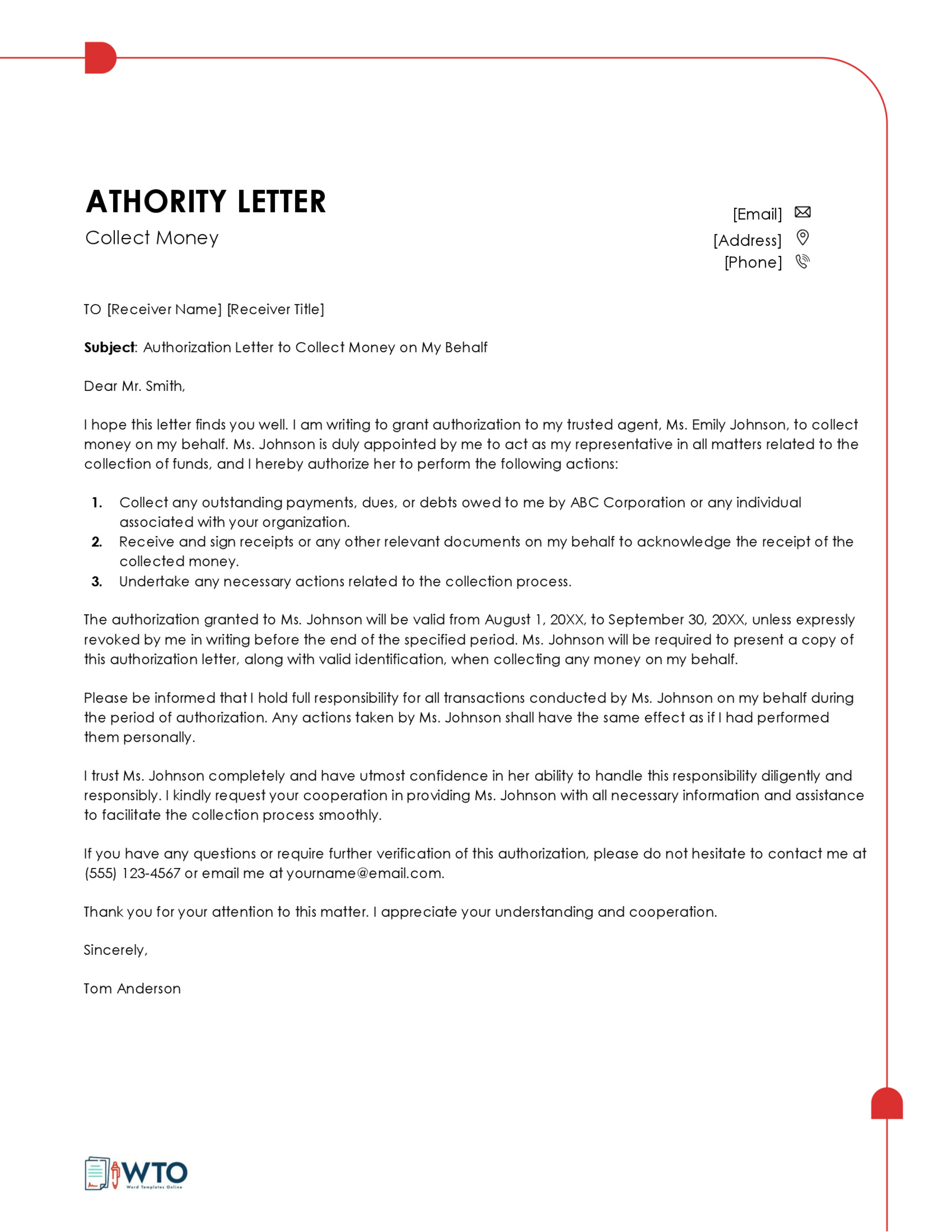 Legal Authorization Letter to collect money Sample