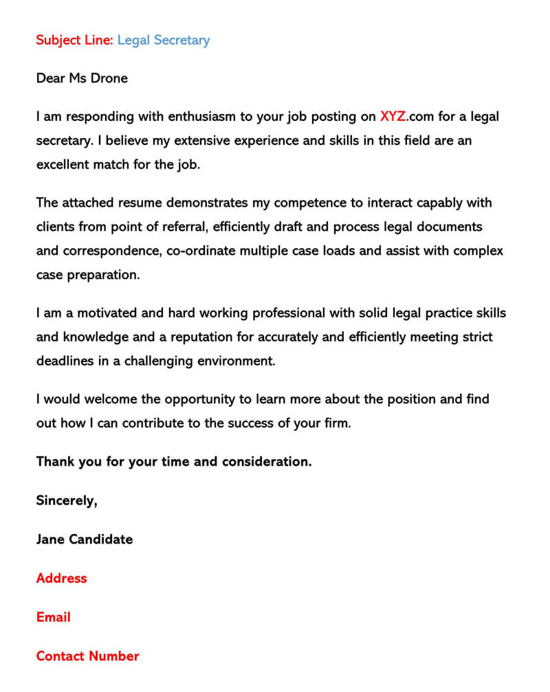 Legal Secretary Email Cover Letter