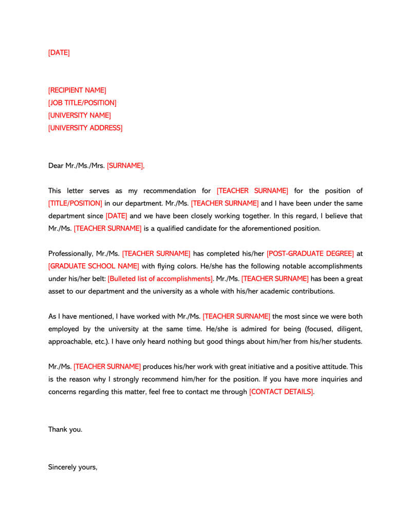 Outstanding teacher reference letter template