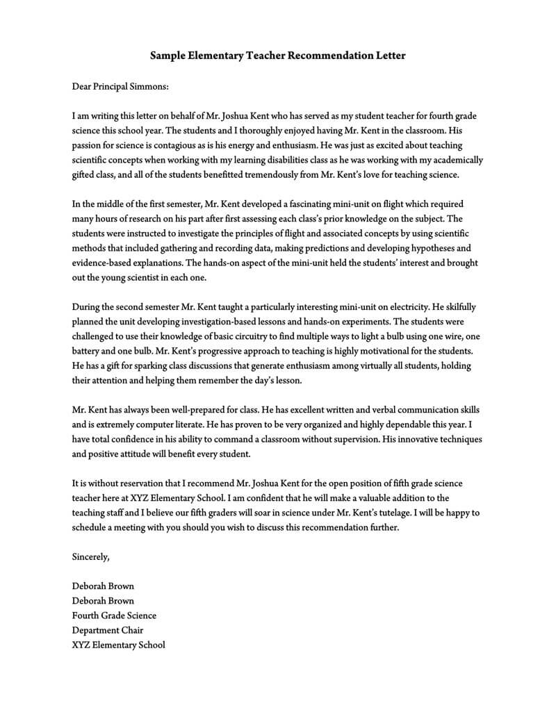 Recommendation Letter For Elementary Student From Teacher from www.wordtemplatesonline.net