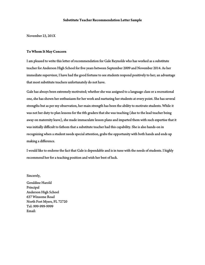 Sample Letter Of Recommendation For A Principal From A Teacher from www.wordtemplatesonline.net