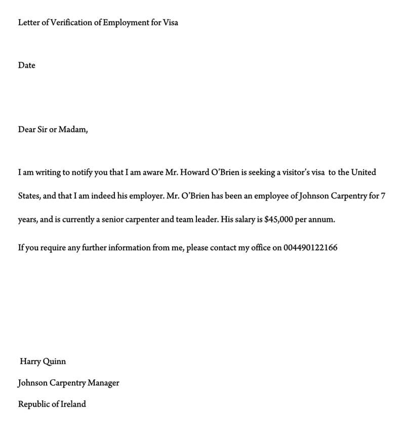 Letter Of Employment Visa