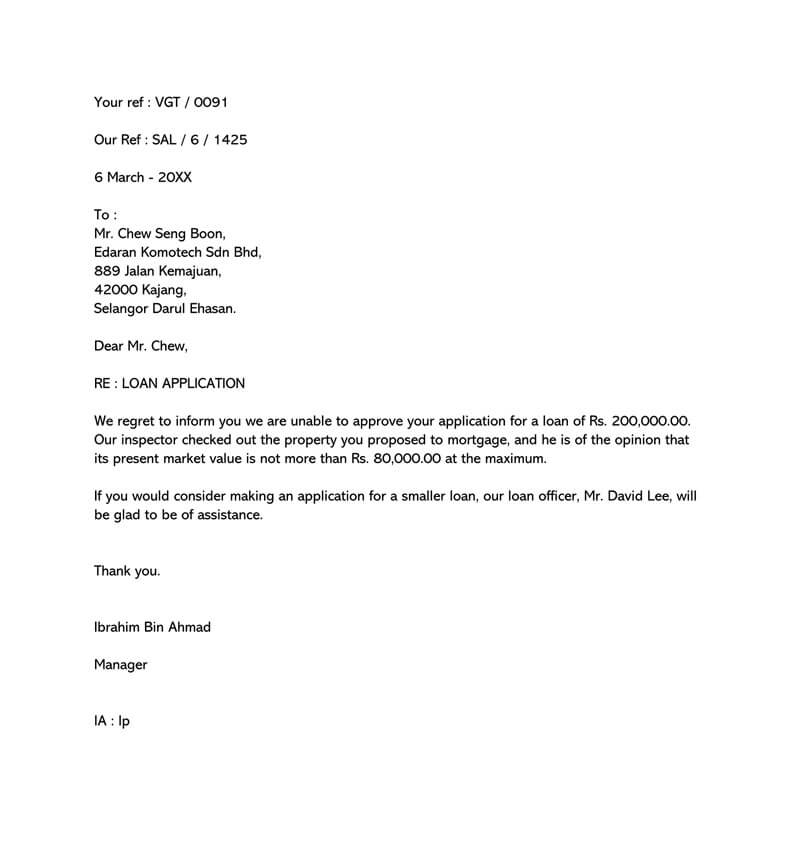Printable loan application rejection letter template