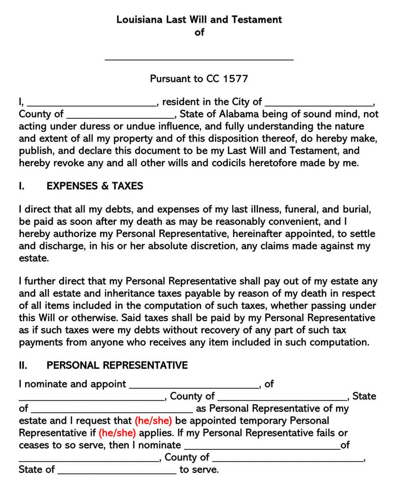 Last Will And Testament Template Louisiana