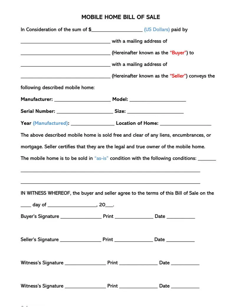 Free Mobile Home Bill of Sale Forms (Word  PDF) Inside mobile home purchase agreement template