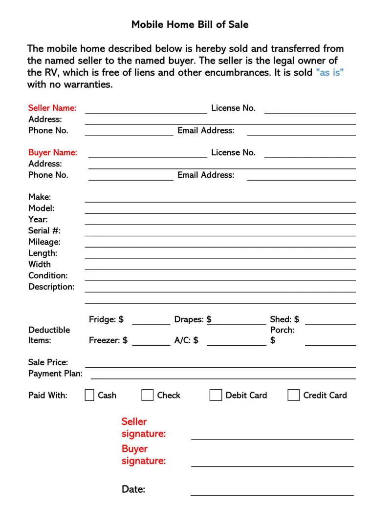 Free Mobile Home Bill of Sale Forms (Word  PDF) Pertaining To mobile home purchase agreement template