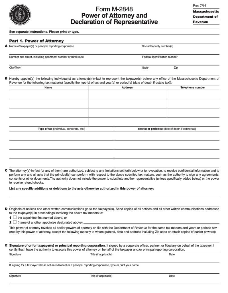 Massachusetts State Tax POA (Form-m2848)