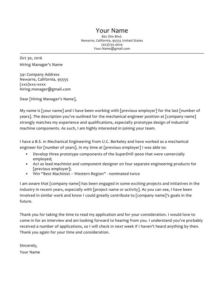 Free mechanical engineering cover letter template