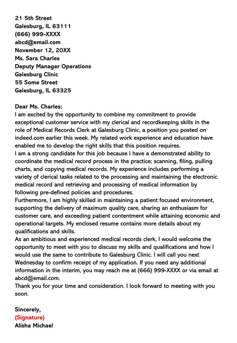 Medical Clerical Cover Letter
