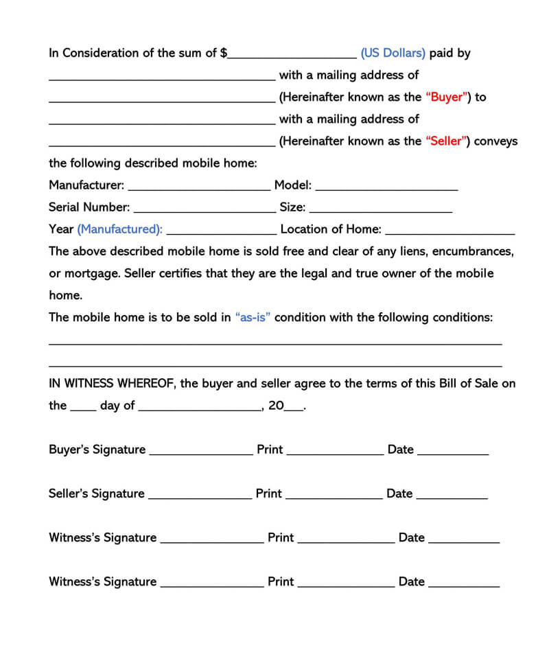 Free Mobile Home Bill of Sale Form Template