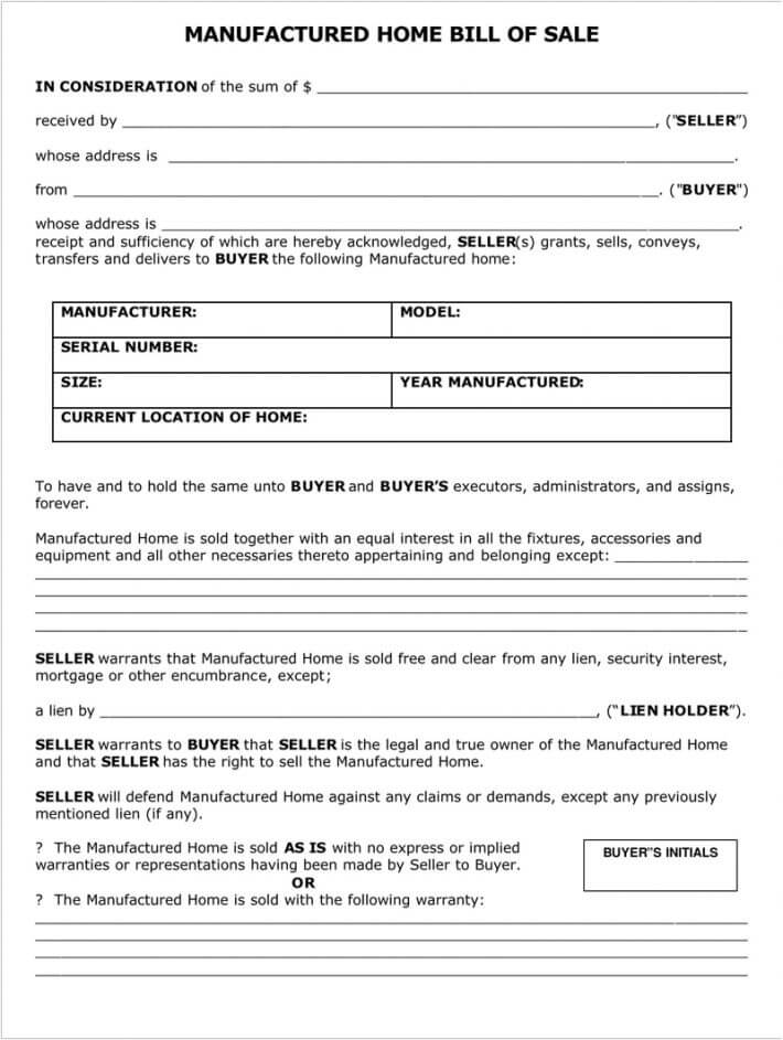 Free Mobile Home Bill of Sale Forms (Word | PDF)