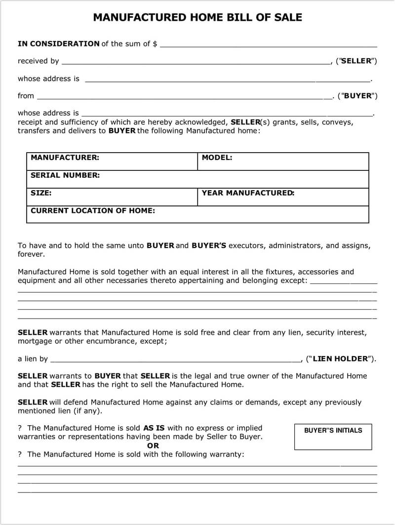 Free Mobile Home Bill Of Sale Forms Word Pdf