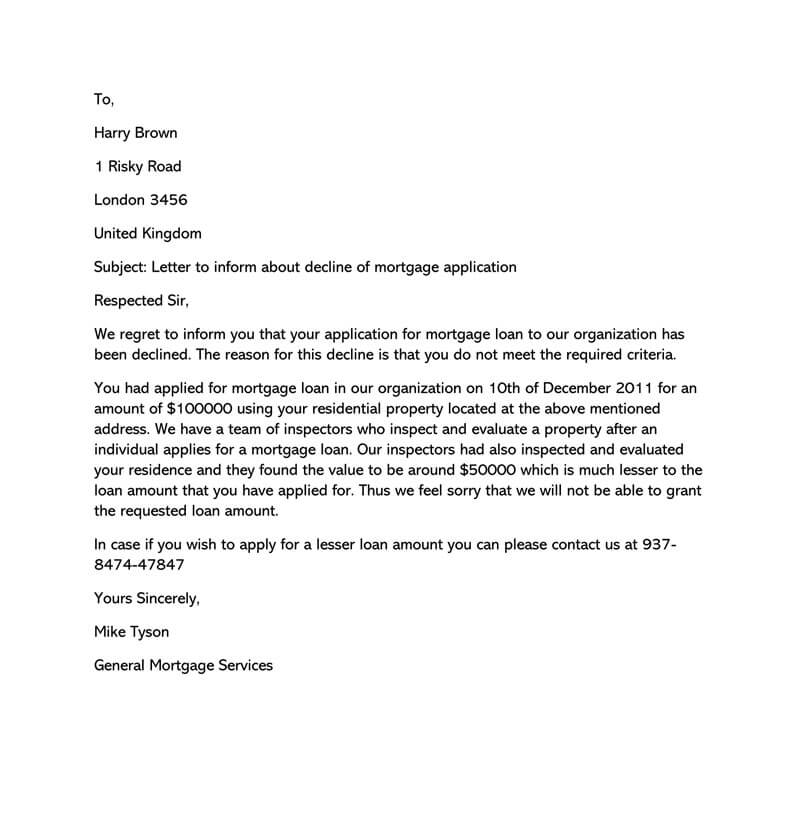 Great Printable Mortgage Loan Application Rejection Letter Sample 02 for Word Document