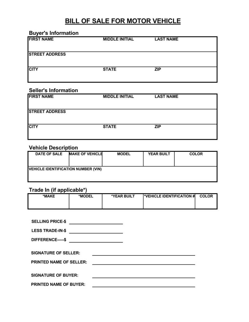 Sample Motor Vehicle Bill of Sale Form Template 01