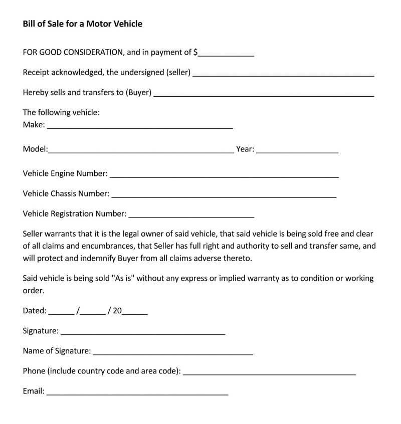 Sample Motor Vehicle Bill of Sale Form Template 03