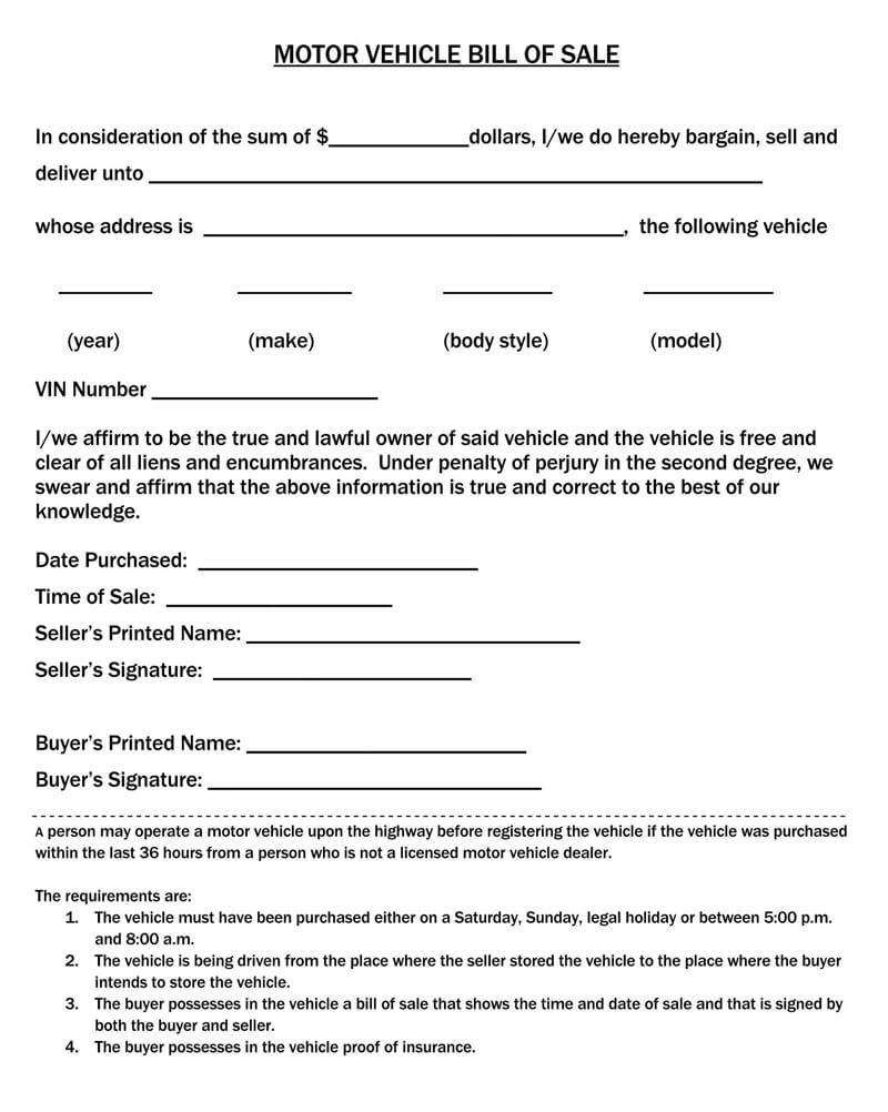 Sample Motor Vehicle Bill of Sale Form Template 05