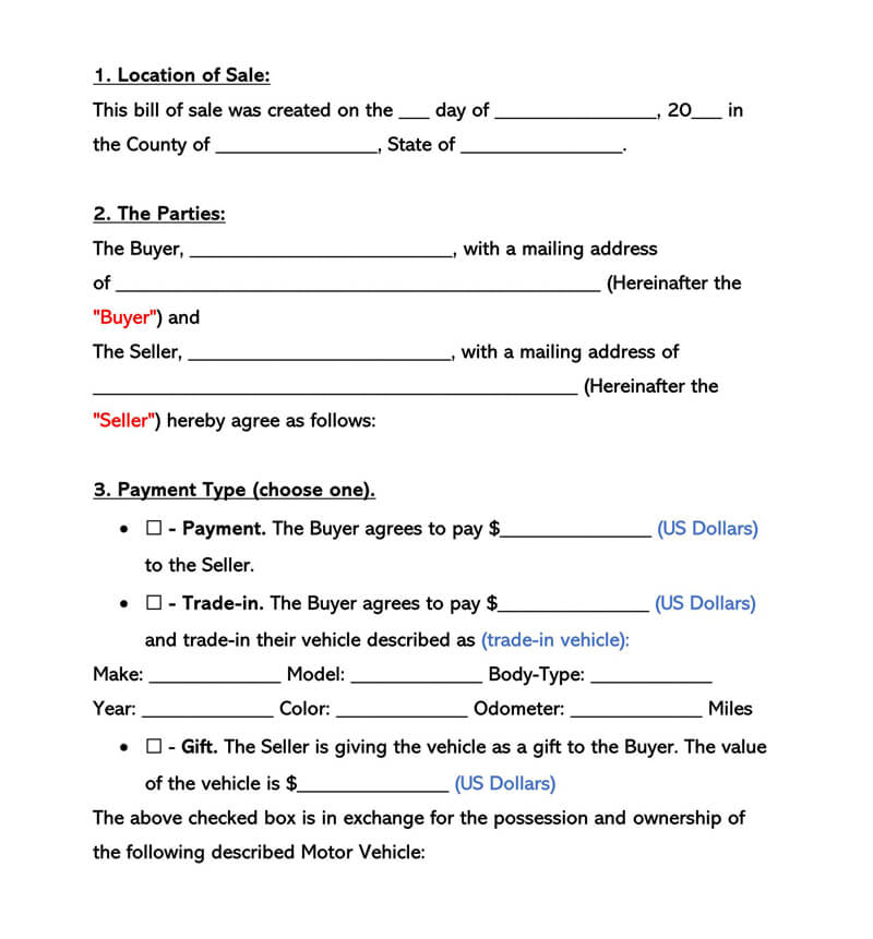 Free Motor Vehicle Bill of Sale Form Template