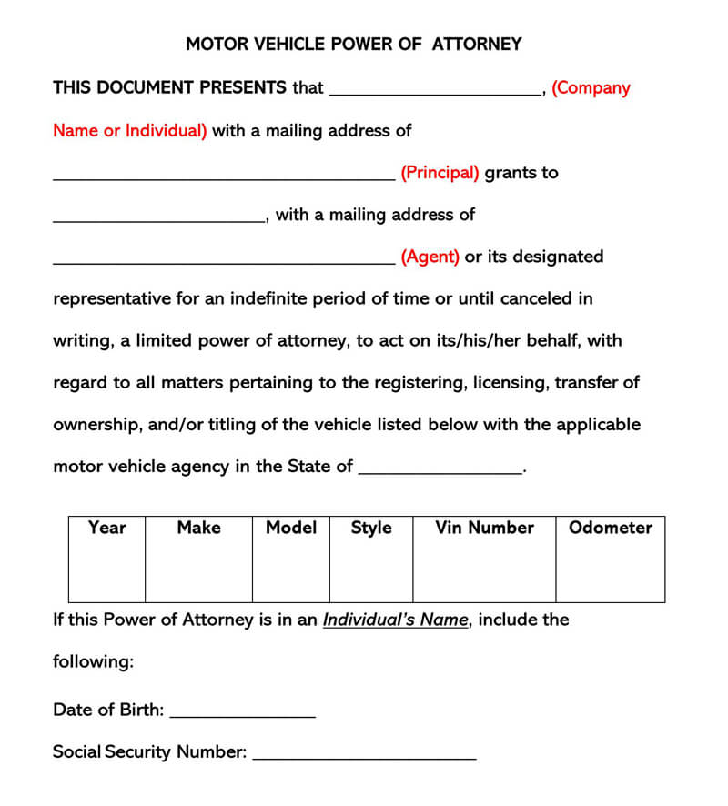 Motor Vehicle Power Of Attorney Poa Forms By State Word Pdf