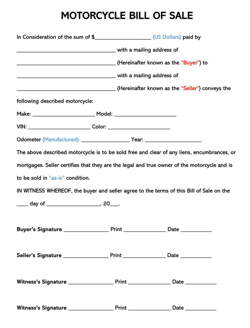 Free Motorcycle Bill of Sale Form in Word 01