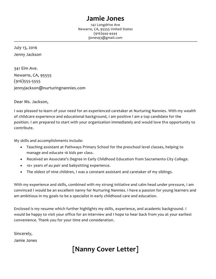 Editable Nanny Cover Letter Template