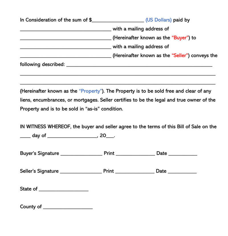 Free Notarized Bill of Sale Form Template
