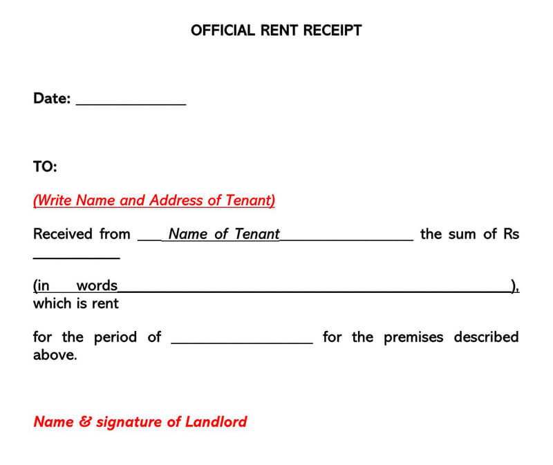 Printable Official Rent Receipt Template PDF