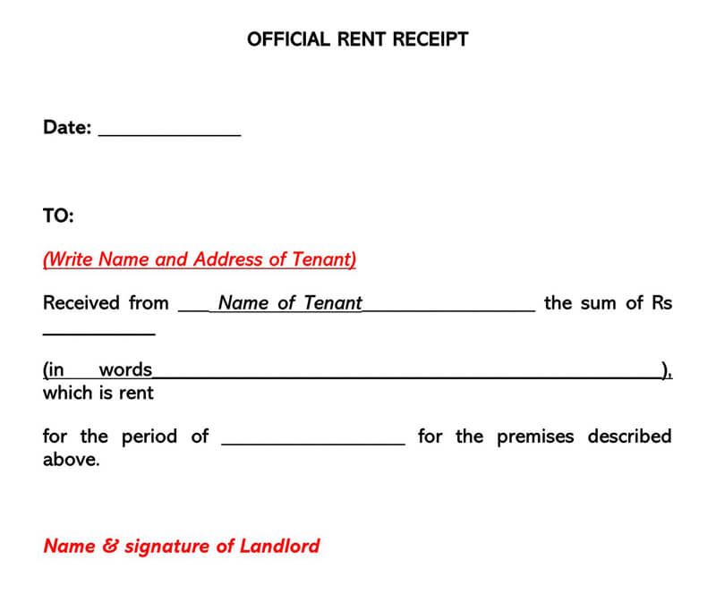 Editable Official Rent Receipt Template 01 for Word