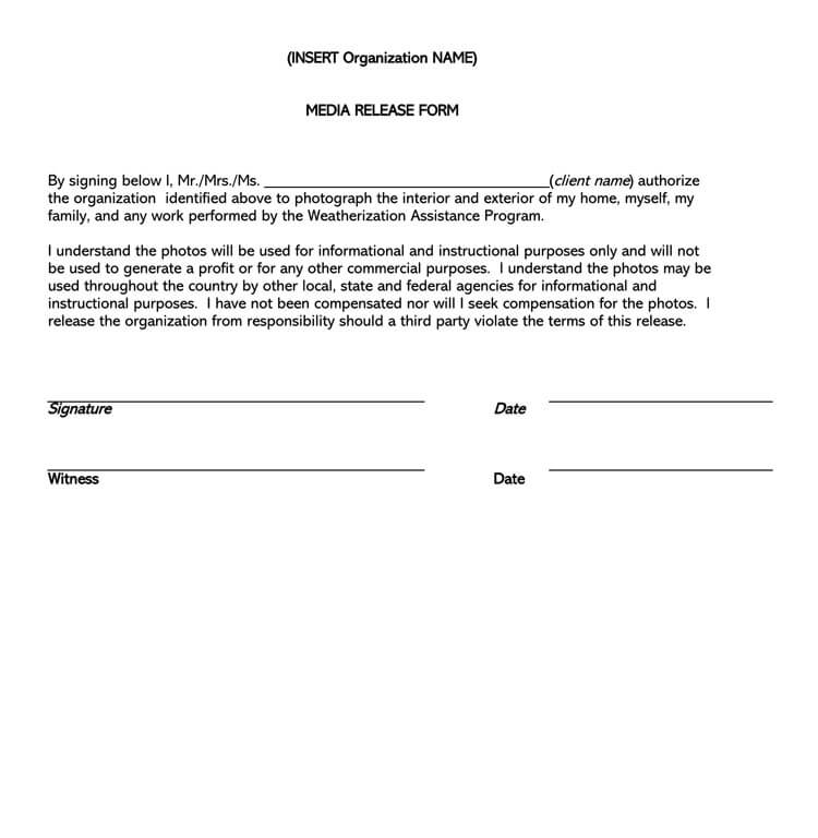 Printable Organization Media Release Form Template
