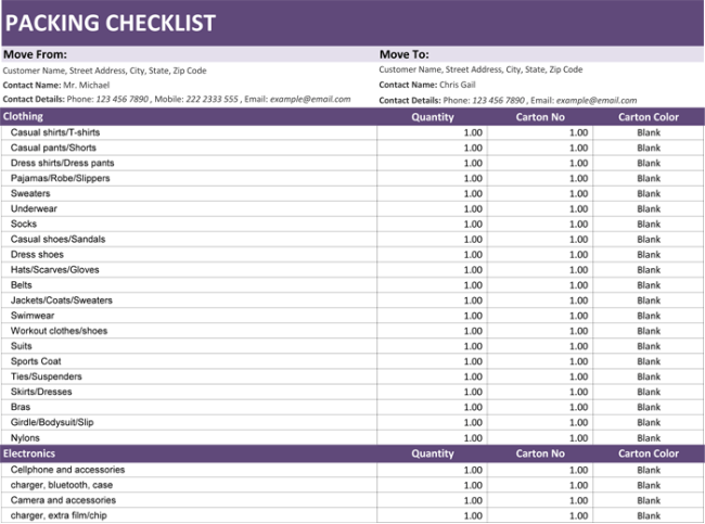 Packing List Format for Excel