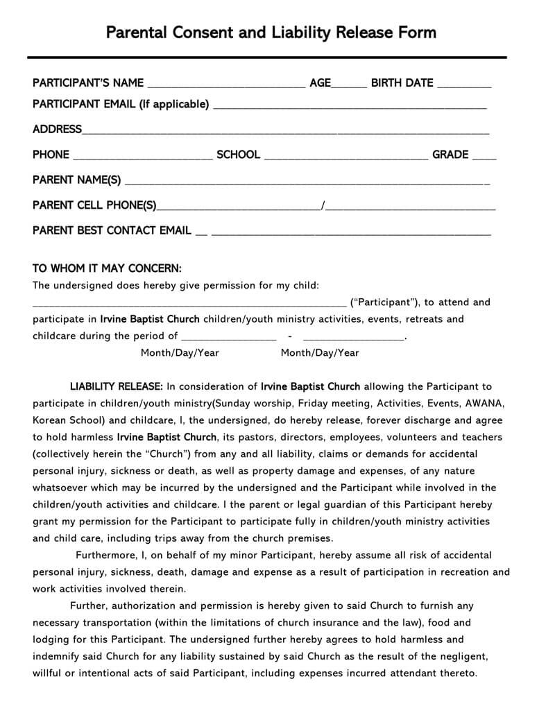 Free Parental Consent and Liability Release Form for Word File