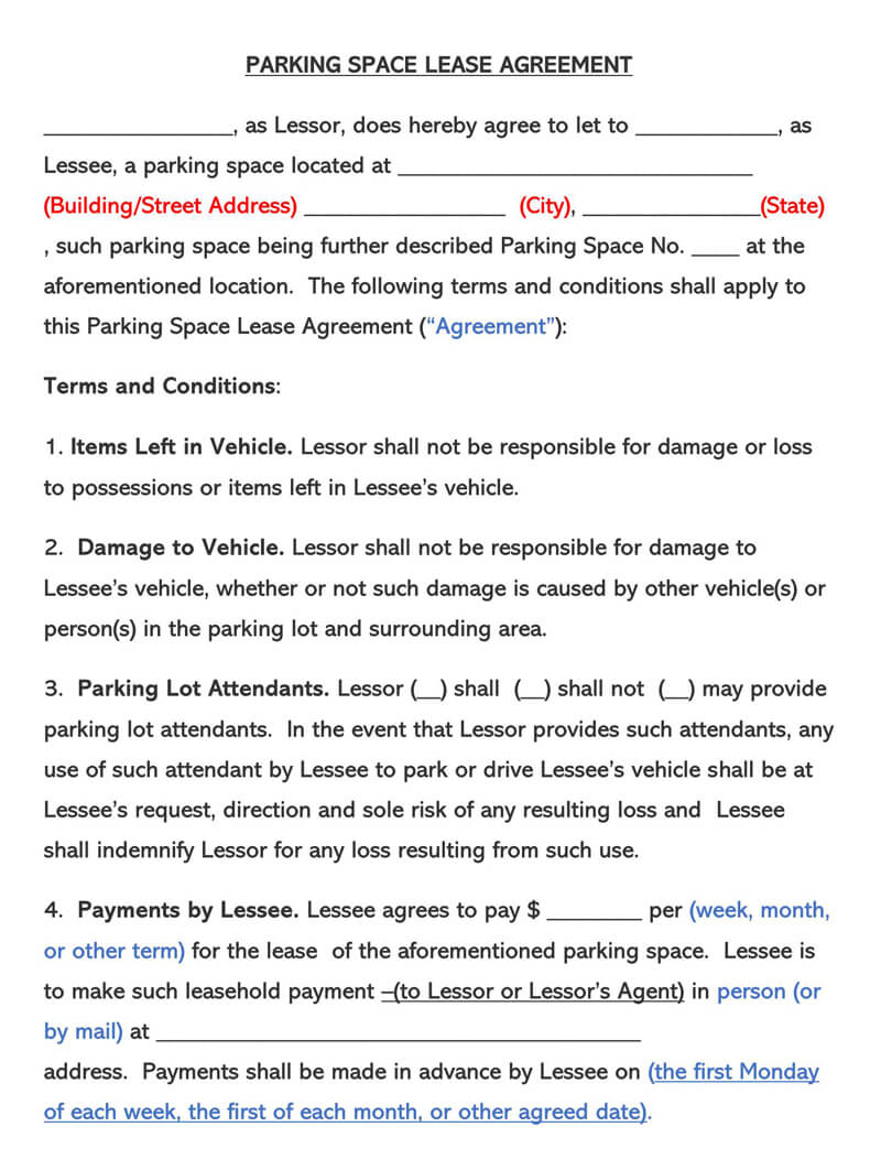 Free Parking Space Lease Agreement 01 for Word