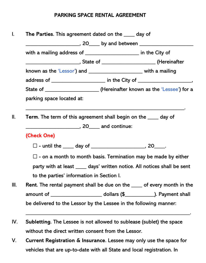 Parking Space Rental Agreement Template