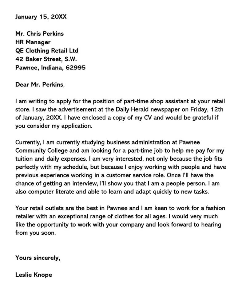 professional Part-Time Job Letter template for Shop Assistant