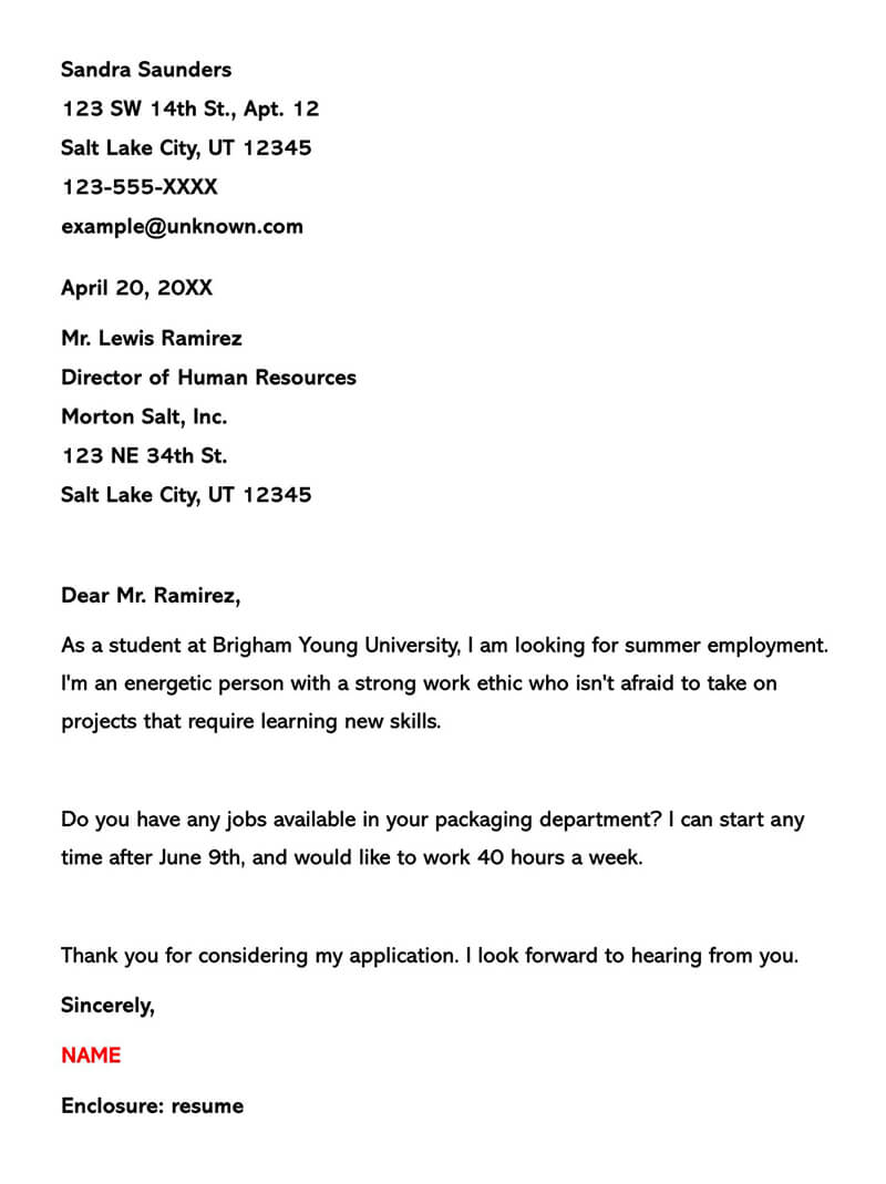 Free summer job cover letter example and template