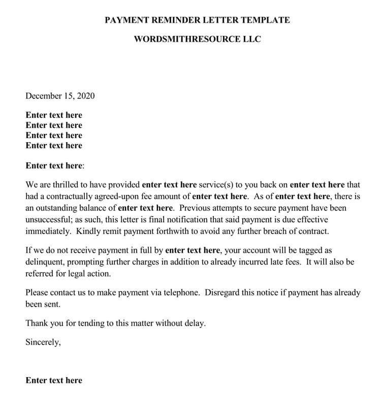 Payment Reminder Letter Example