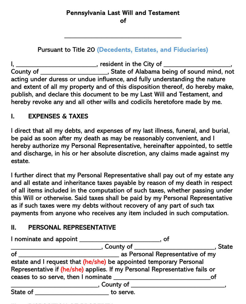 Free Last Will and Testament Forms & Templates (by States) WordPDF