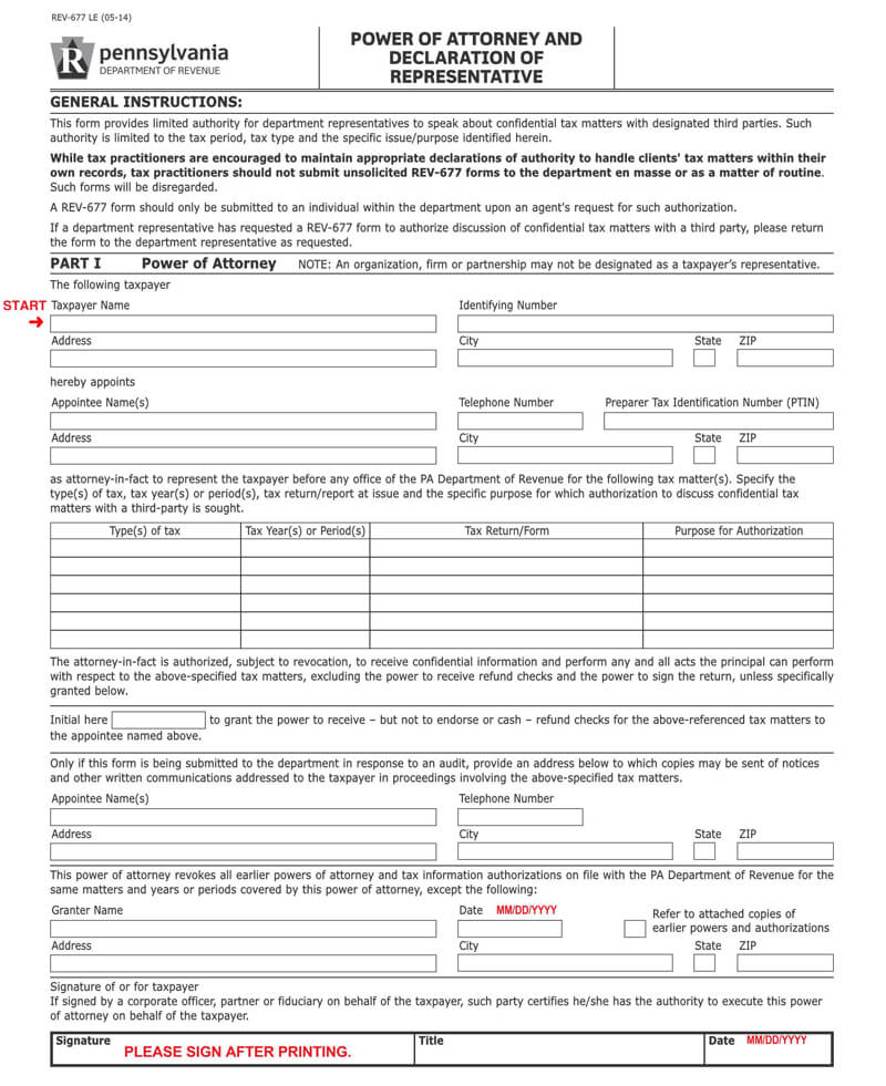 Pennsylvania State Tax POA (Form-REV-677)