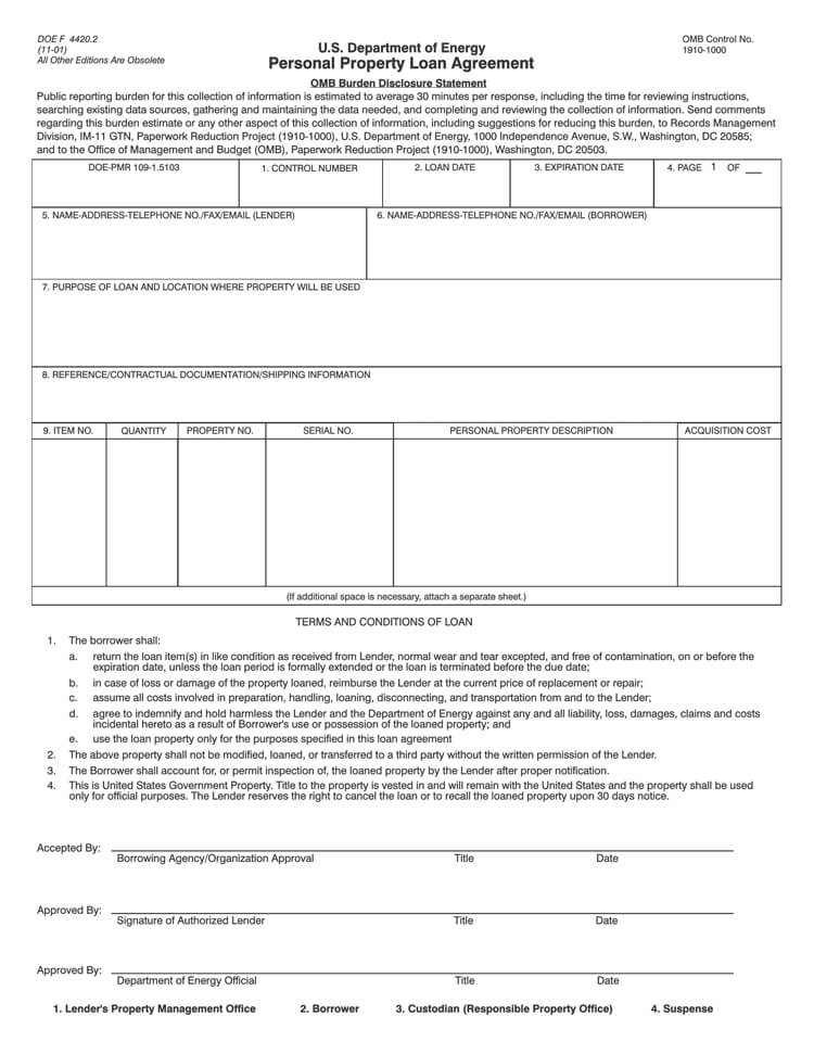 Personal Property Loan Agreement Form PDF