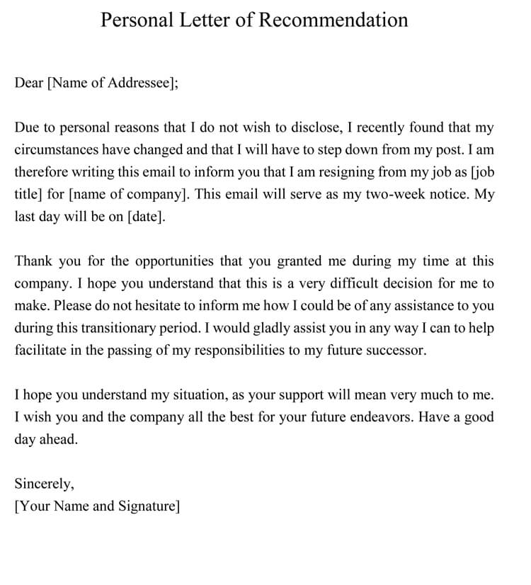 Personal Recommendation Letter Word Format Sample 02