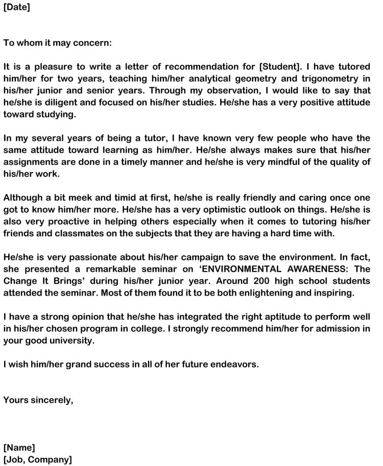 Sample Personal Recommendation Letter For College Student ...