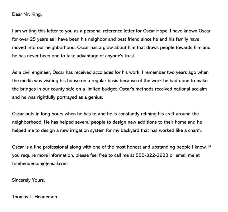 Great Professional Recommendation Letter for Oscar Hopes Template for Word File