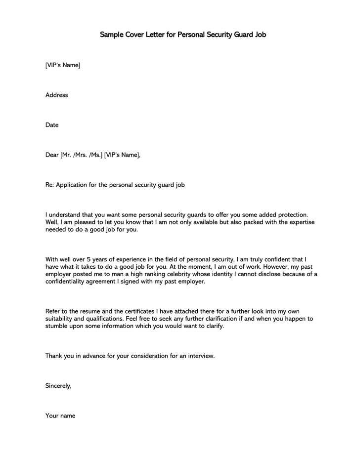 Personal Security Guard Cover Letter (Word Format)