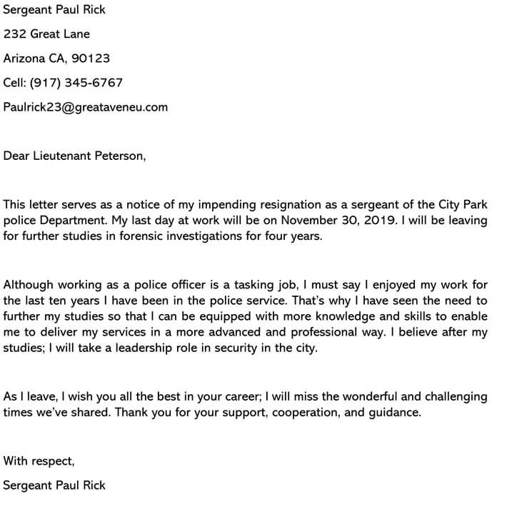 police officer resignation letter 