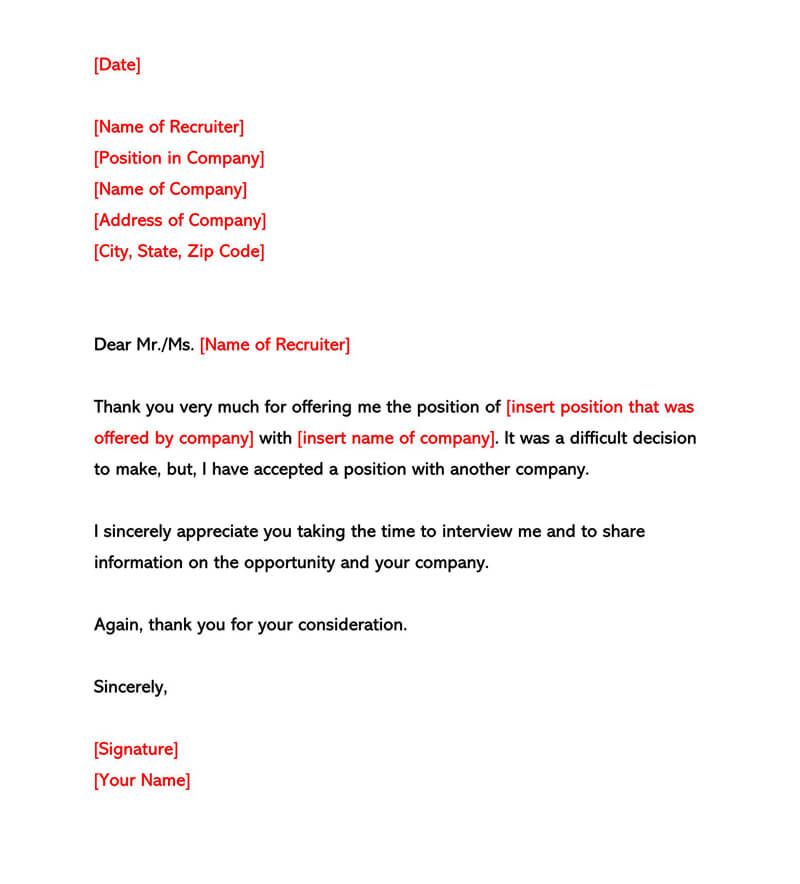 Printable, Polite Job Offer Rejection Letter 02