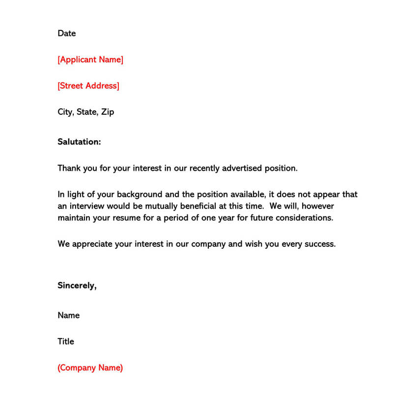 Editable Polite Resume Rejection Letter Template