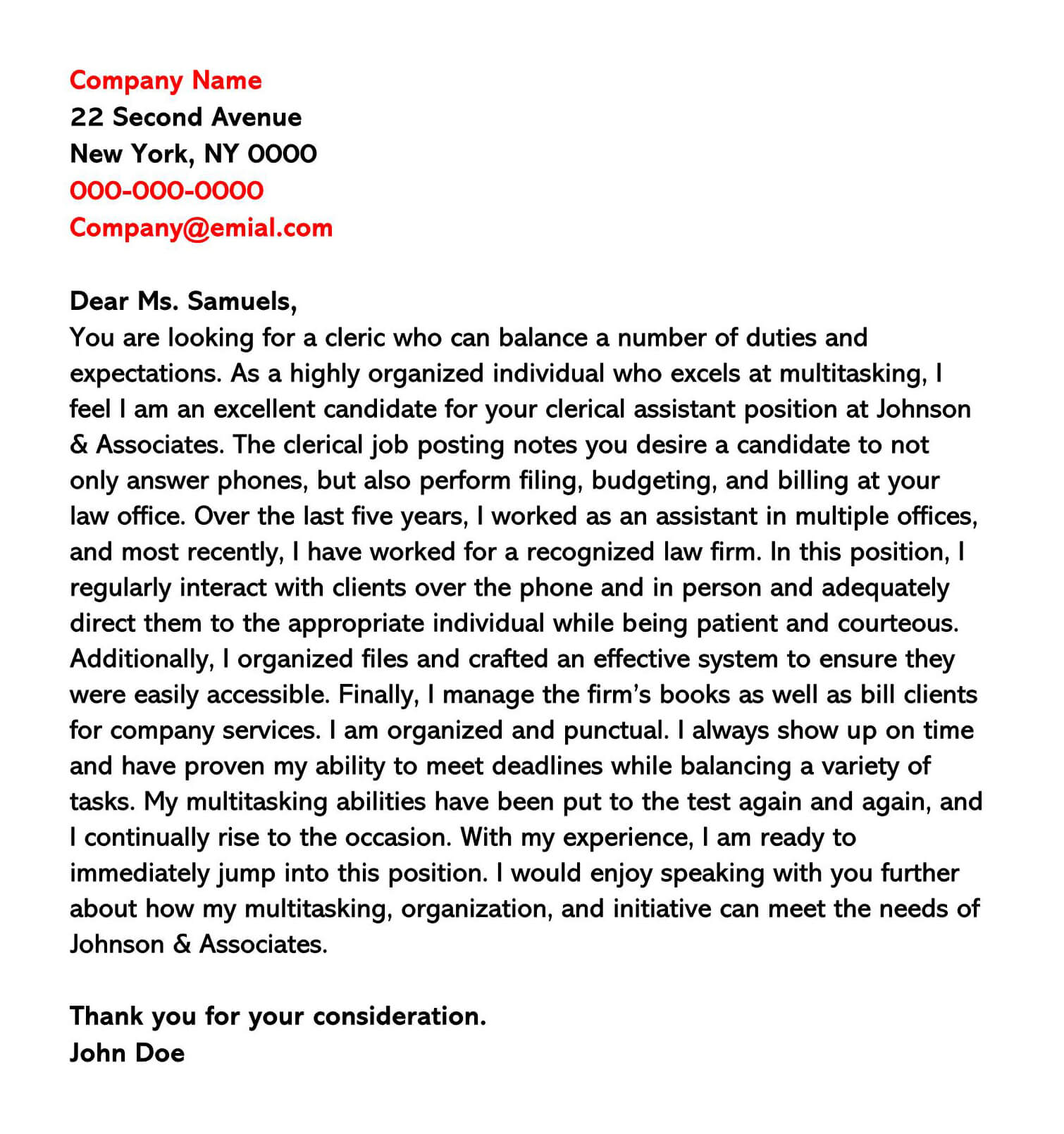 Professional Clerical Cover Letter